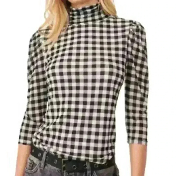 FREE PEOPLE BLACK & WHITE GINGHAM TURTLENECK TOP - Picture 1 of 8